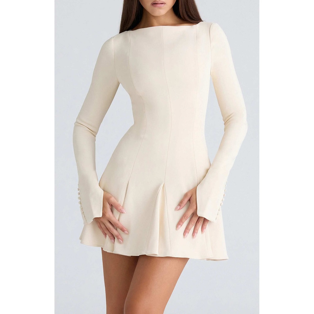 House of CB Francesca LongSleeve Godet Hem Minidress Vintage Cream Med New W Tag
